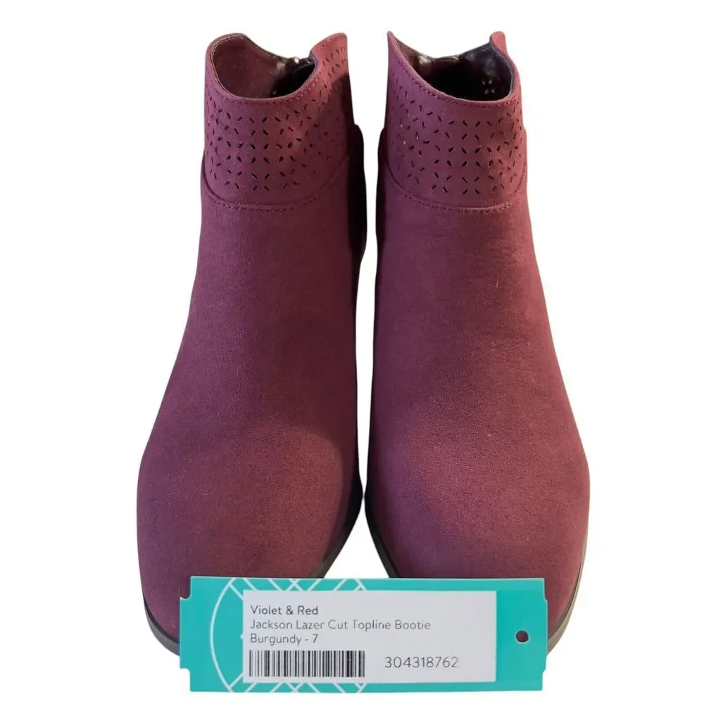 Violet & Red Jackson Lazer Cut Topline Bootie Burgundy Size 7M Fabric Upper NWOB